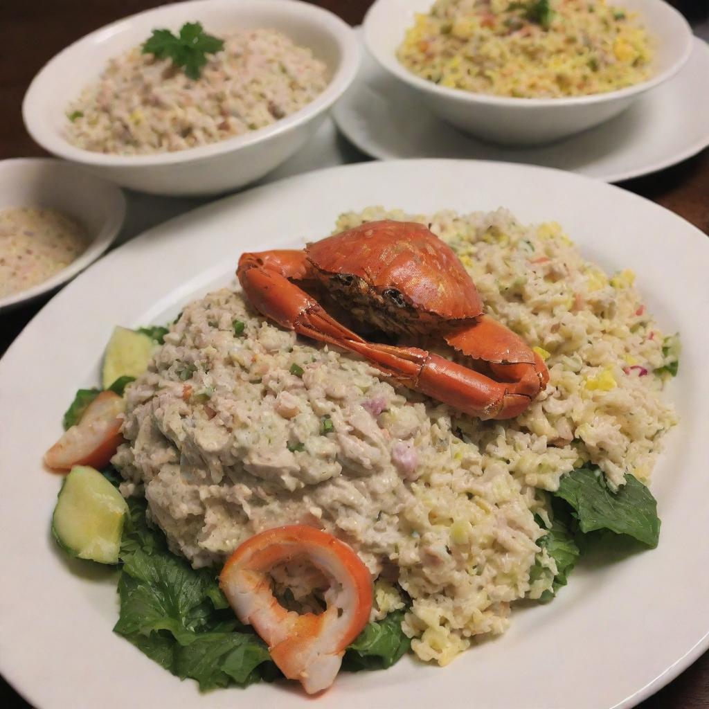 A scrumptious crab salad alongside a traditional Mansaf, beautifully presented in authentic style.