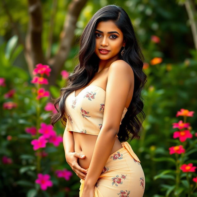 A tall Indian woman with an elegant and confident pose, showcasing her curves and accentuating her beauty