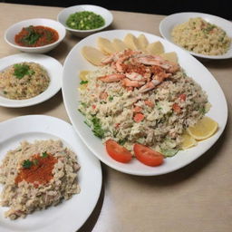 A scrumptious crab salad alongside a traditional Mansaf, beautifully presented in authentic style.