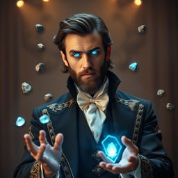 A full body portrait of a psionic stage magician with classic elegance, featuring a short beard and dressed in an ornate magician's outfit
