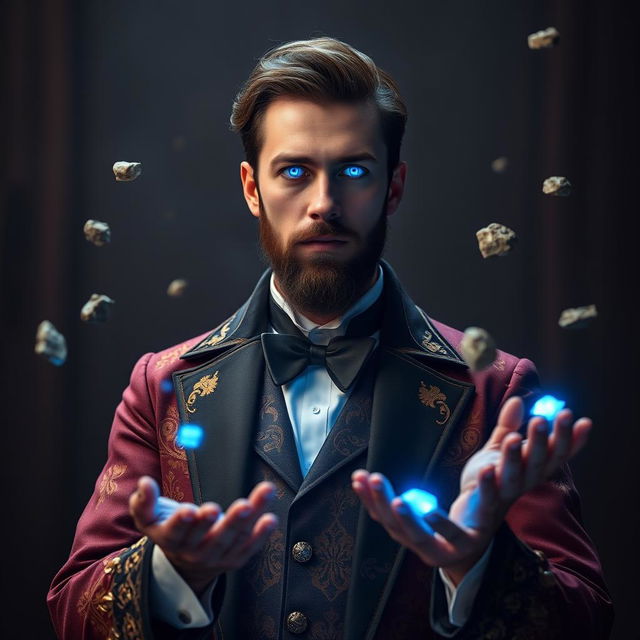 A full body portrait of a psionic stage magician with classic elegance, featuring a short beard and dressed in an ornate magician's outfit