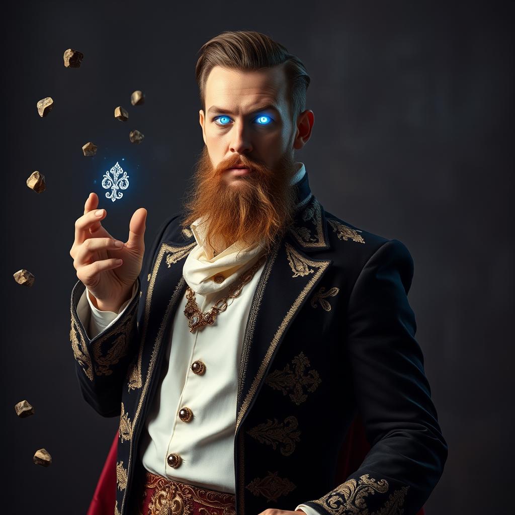 A full body portrait of a psionic stage magician with classic elegance, featuring a short beard and dressed in an ornate magician's outfit