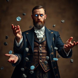 A full body portrait of a psionic stage magician with classic elegance, featuring a short beard and dressed in an ornate magician's outfit