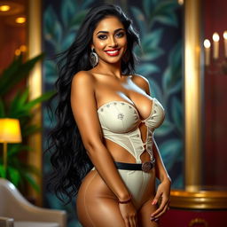 A sexy tall Indian woman with big breasts, wearing a stylish and revealing outfit that accentuates her curves