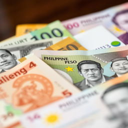 A detailed close-up shot of Philippine currency, featuring a variety of banknotes beautifully arranged