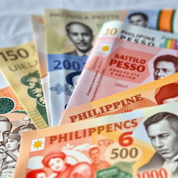 A detailed close-up shot of Philippine currency, featuring a variety of banknotes beautifully arranged