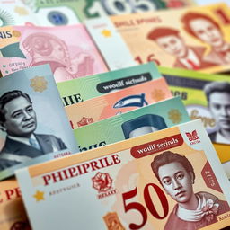 A detailed close-up shot of Philippine currency, featuring a variety of banknotes beautifully arranged