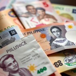 A detailed close-up shot of Philippine currency, featuring a variety of banknotes beautifully arranged