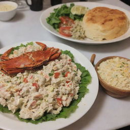 A scrumptious crab salad alongside a traditional Mansaf, beautifully presented in authentic style.