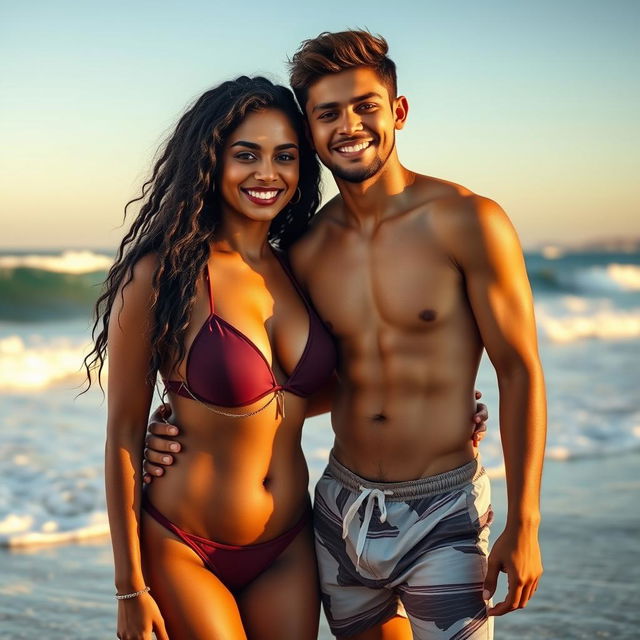 A beautiful, sexy tall Indian woman with striking features and voluptuous curves, showcasing her big breasts, standing confidently next to her much shorter teenage boyfriend