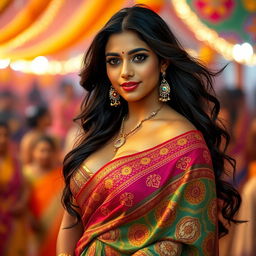 A stunning tall Indian woman with a curvaceous figure, featuring big breasts, elegantly draped in a colorful saree that enhances her beauty