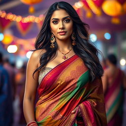 A stunning tall Indian woman with a curvaceous figure, featuring big breasts, elegantly draped in a colorful saree that enhances her beauty