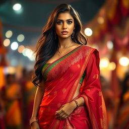 A stunning tall Indian woman with a curvaceous figure, featuring big breasts, elegantly draped in a colorful saree that enhances her beauty