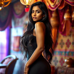 A sensual and alluring scene featuring a tall Indian woman with an attractive silhouette, emphasizing her curves