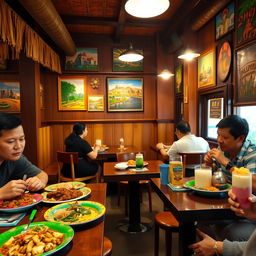 An inviting interior shot of a Filipino restaurant, featuring a warm and cozy ambiance