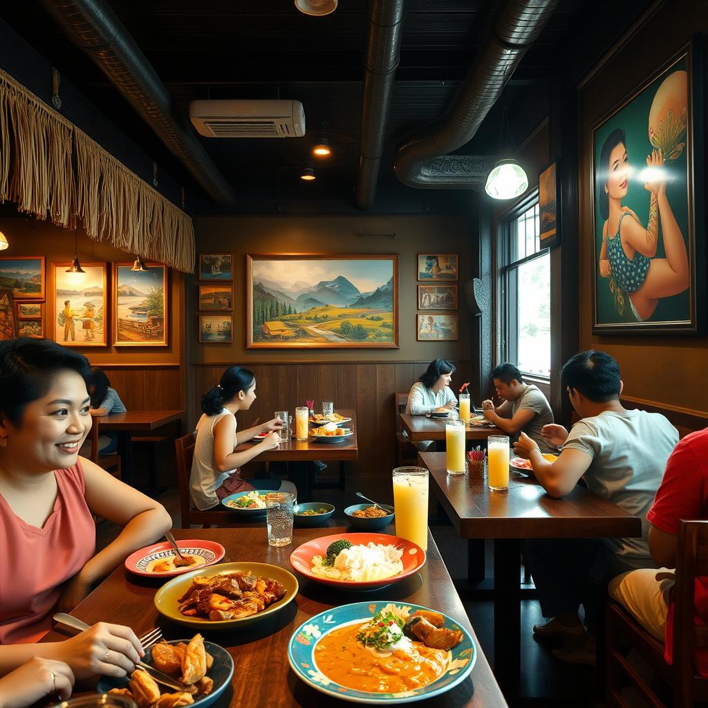 An inviting interior shot of a Filipino restaurant, featuring a warm and cozy ambiance