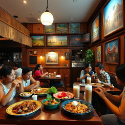 An inviting interior shot of a Filipino restaurant, featuring a warm and cozy ambiance