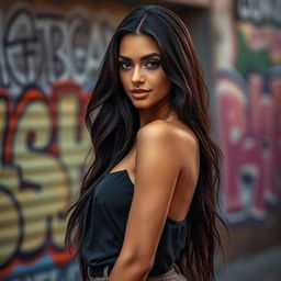 A stunning fashion model with an elegant appearance, tall and confident, showcasing beautiful long dark hair