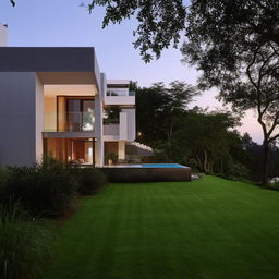 Design a modern and spacious home with bright light-filled interiors, stylish furniture and lush green landscape around