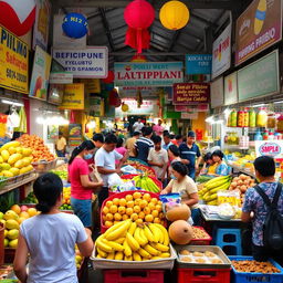 A vibrant and bustling Filipino market scene, filled with colorful stalls displaying an array of fresh produce, tropical fruits, traditional snacks, and local handicrafts