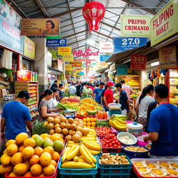 A vibrant and bustling Filipino market scene, filled with colorful stalls displaying an array of fresh produce, tropical fruits, traditional snacks, and local handicrafts