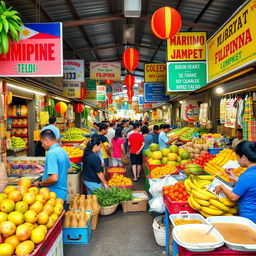 A vibrant and bustling Filipino market scene, filled with colorful stalls displaying an array of fresh produce, tropical fruits, traditional snacks, and local handicrafts