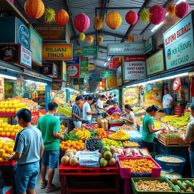 A vibrant and bustling Filipino market scene, filled with colorful stalls displaying an array of fresh produce, tropical fruits, traditional snacks, and local handicrafts