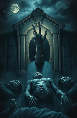 A chilling scene depicts a stone mausoleum, with a coffin slightly ajar