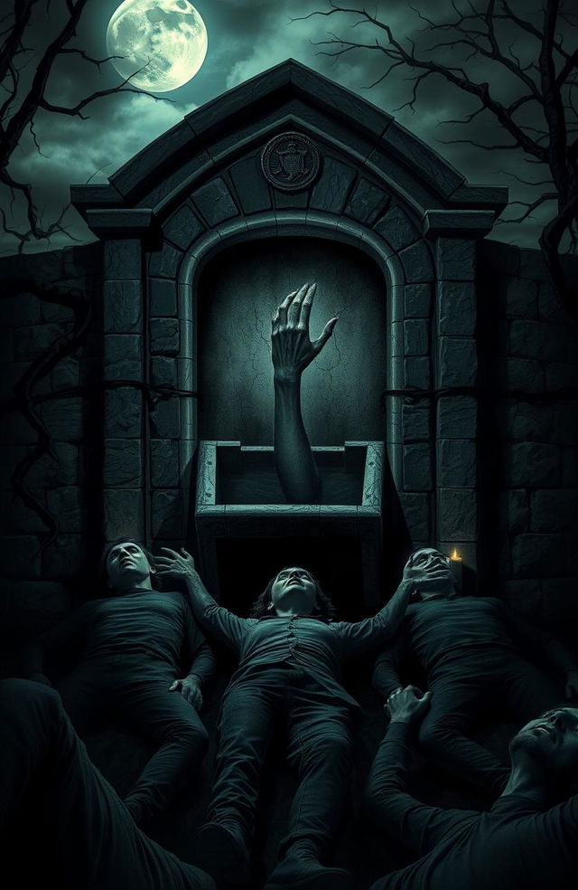 A chilling scene depicts a stone mausoleum, with a coffin slightly ajar