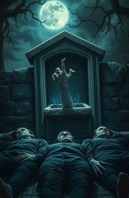 A chilling scene depicts a stone mausoleum, with a coffin slightly ajar