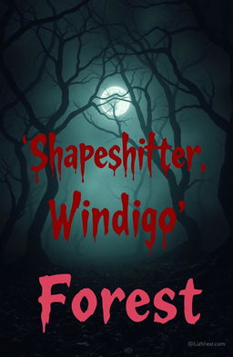 A dark and eerie forest scene illuminated by a ghostly moonlight, with twisted trees and dense fog creating an unsettling atmosphere