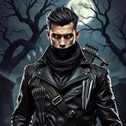 A male dhampir vampire hunter standing confidently in a dark gothic setting