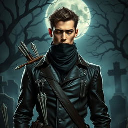 A male dhampir vampire hunter standing confidently in a dark gothic setting