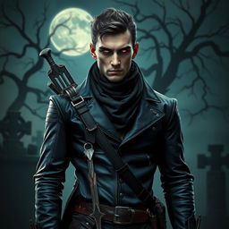 A male dhampir vampire hunter standing confidently in a dark gothic setting