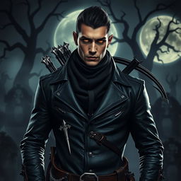 A male dhampir vampire hunter standing confidently in a dark gothic setting