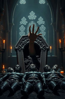 A chilling scene featuring a vampire's thin, sickly hand protruding from an intricately carved stone coffin