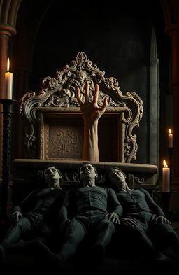 A chilling scene featuring a vampire's thin, sickly hand protruding from an intricately carved stone coffin