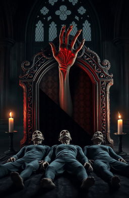 A chilling scene featuring a vampire's thin, sickly hand protruding from an intricately carved stone coffin