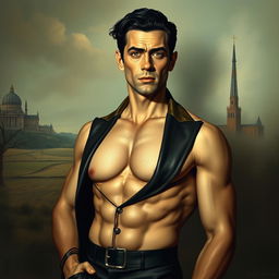 A surreal artwork featuring a man with distinct features resembling a historical figure, dressed in a provocative, stylish outfit showcasing dramatic cleavage