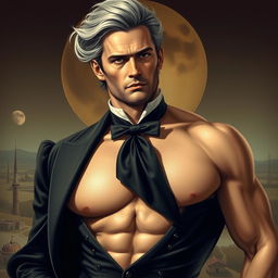 A surreal artwork featuring a man with distinct features resembling a historical figure, dressed in a provocative, stylish outfit showcasing dramatic cleavage