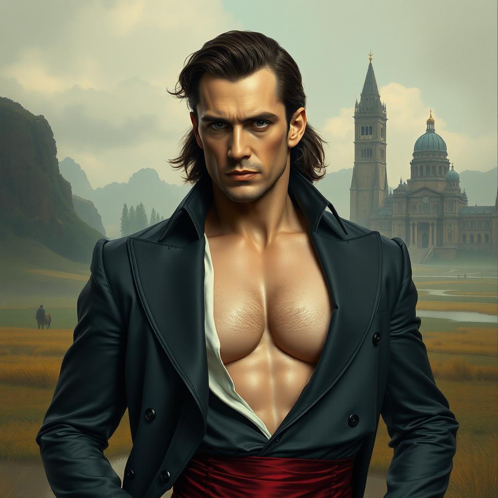 A surreal artwork featuring a man with distinct features resembling a historical figure, dressed in a provocative, stylish outfit showcasing dramatic cleavage