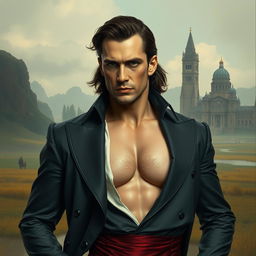 A surreal artwork featuring a man with distinct features resembling a historical figure, dressed in a provocative, stylish outfit showcasing dramatic cleavage