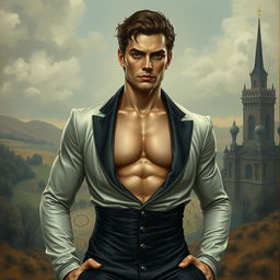 A surreal artwork featuring a man with distinct features resembling a historical figure, dressed in a provocative, stylish outfit showcasing dramatic cleavage
