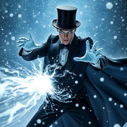 A psionic character with illuminated blue eyes, resembling a classic elegant stage magician