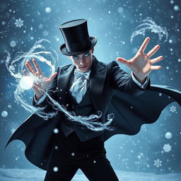 A psionic character with illuminated blue eyes, resembling a classic elegant stage magician