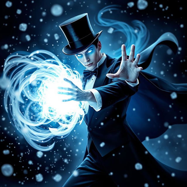 A psionic character with illuminated blue eyes, resembling a classic elegant stage magician