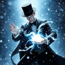A psionic character with illuminated blue eyes, resembling a classic elegant stage magician
