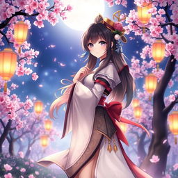 A beautiful digital artwork of Hu Tao, the character from Genshin Impact, standing in a mystical landscape filled with cherry blossoms