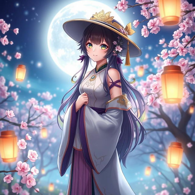 A beautiful digital artwork of Hu Tao, the character from Genshin Impact, standing in a mystical landscape filled with cherry blossoms