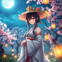 A beautiful digital artwork of Hu Tao, the character from Genshin Impact, standing in a mystical landscape filled with cherry blossoms